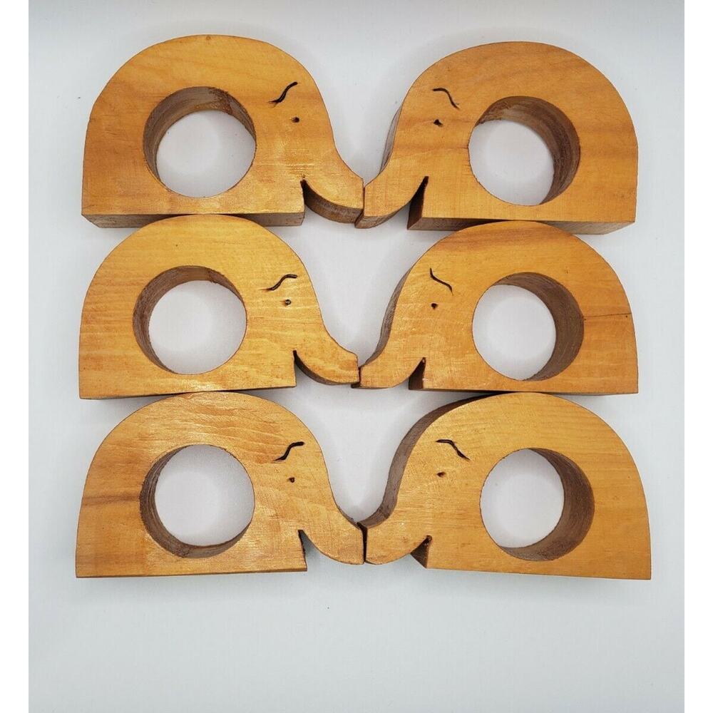 Wood Carved Elephant Napkin Rings Holders 6 pc set Boho Kitschy Kitchen Dinning - Picture 3 of 6